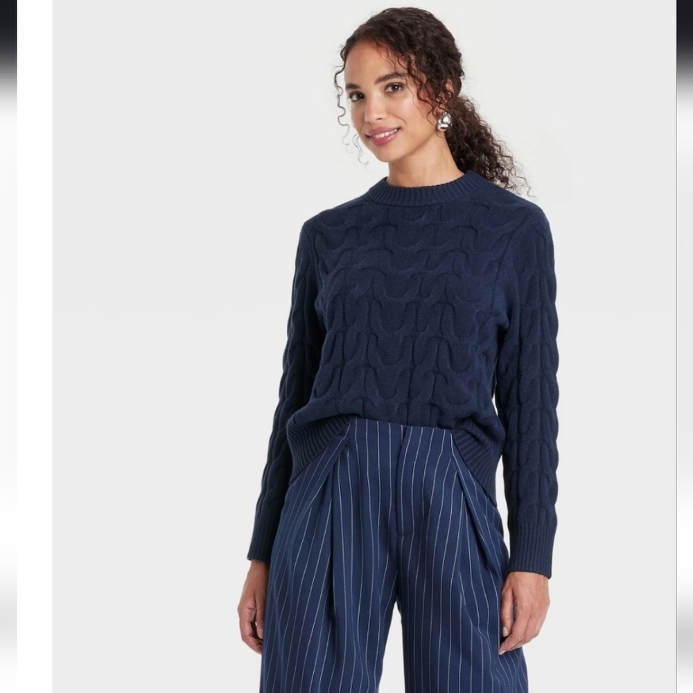 Women's Cable Crewneck Pullover Sweater - A New Day Navy L - Picture 1 of 14